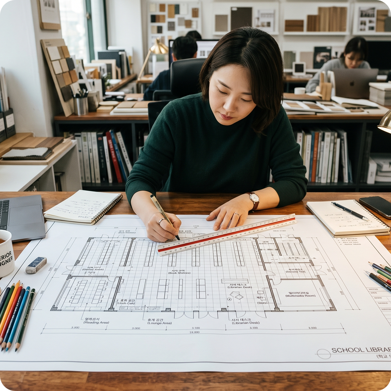 도면 위에서 작업 중인 디자이너
